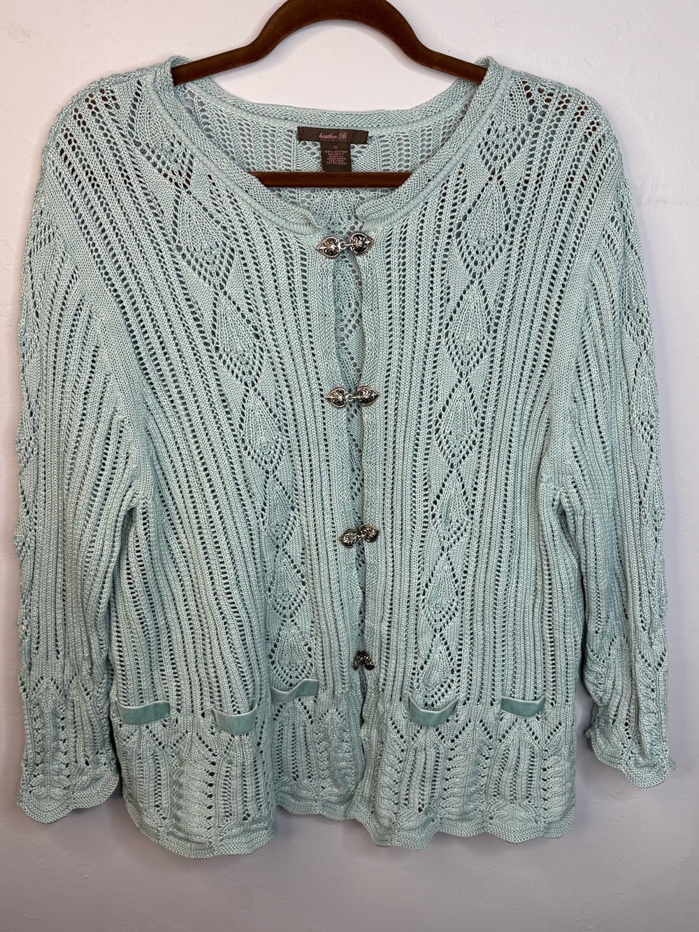Heather B 100% Cotton Open Knit Cardigan Sweater Mint 1X Embellished